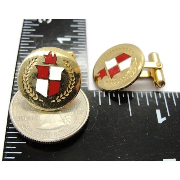 Red White Enamel Checkered Crest 1/20 12Kt Yellow Gold Filled Cufflinks Round - Picture 9 of 10